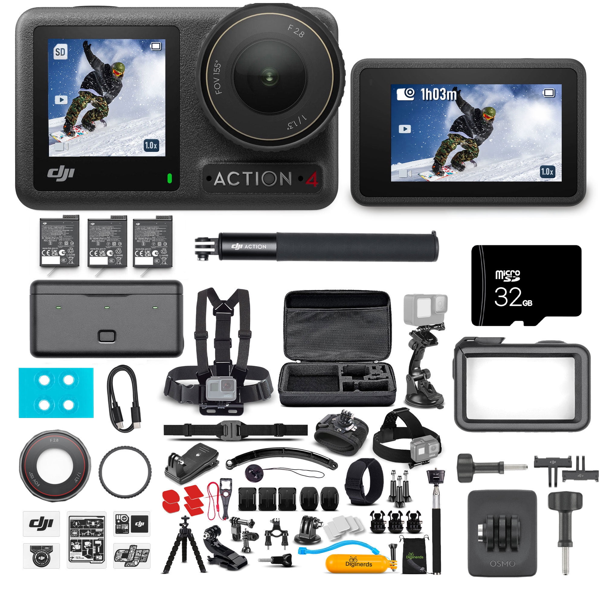 DJI Osmo Action 4 Adventure Combo Waterproof Action Camera with 4K UHD Video & Dual Screens (1/1.3" Sensor) Bundle with 64GB Card & 50-Piece Accessory Kit