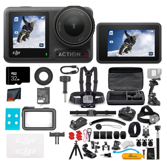 DJI Osmo Action 4 Camera Essential Combo - WaterProof Action Camera With 4K UHD Video, 1/1.3" Sensor, Stabilization, Dual Screens, For Vlogging, Travel & Sports + 32GB Card & 50 Piece Accessory Kit