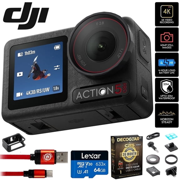 DJI Osmo Action 5 Pro Standard Combo, 4-Hr Battery, 4K Video Bundle with Lexar 64GB Memory Card, Type-C Charge & Sync USB Cable & Deco Gear CPS Exclusive 26 Month Protection Pack (BEACH-CPS-26M500)