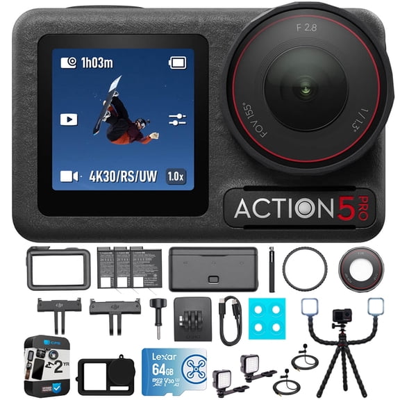 DJI Osmo Action 5 Pro Standard Combo, 4K Video Bundle with Vlogging Tripod, 64GB Card, Silicone Protective Case, 2x LED Light, 2x Clip-On Mini Lapel Microphone & 2 Year Extended Warranty