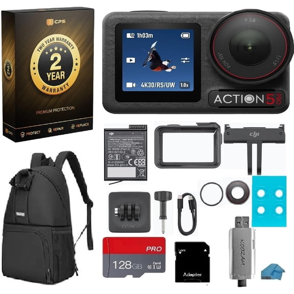 DJI Osmo Action 5 Pro Standard Combo 4K Waterproof Camera Bundle with 2-Year Warranty, 128GB MicroSD Card, USB Reader, Backpack - 1/1.3" Sensor, Dual OLED Touchscreens, Vlogging