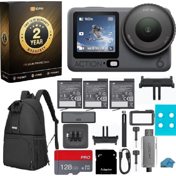 DJI Osmo Action 6 Adventure Combo 8K Waterproof Camera Bundle with 2-Yr Warranty, 128GB MicroSD, USB Reader, Backpack - 1/1.1" Sensor, Variable Aperture, 3X Batteries, 4hr Life, Vlogging