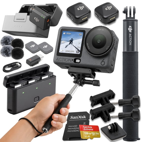 DJI Osmo Action 6 Adventure Combo with DJI Mic Mini 2-Person Compact Wireless Microphone System for Camera & Smartphone (2.4 GHz) + 128GB Extreme Memory Card (Deluxe Adventure Bundle)