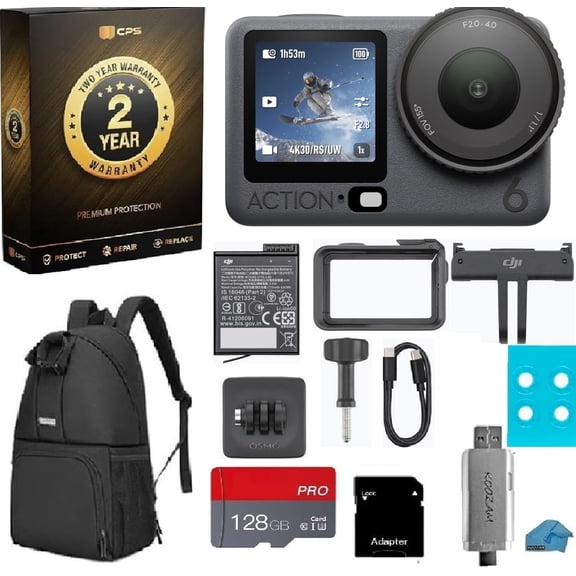 DJI Osmo Action 6 Standard Combo 8K Waterproof Camera Bundle with 2-Year Warranty, 128GB MicroSD, USB Reader, Backpack - 1/1.1" Square Sensor, Variable Aperture, 4hr Battery, Vlogging