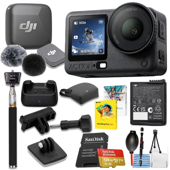 DJI Osmo Action 6 Standard Combo with DJI Mic Mini Clip-On Transmitter with Built-in Microphone (2.4 GHz, Infinity Black) + 128GB Extreme Memory Card (Creator Bundle)