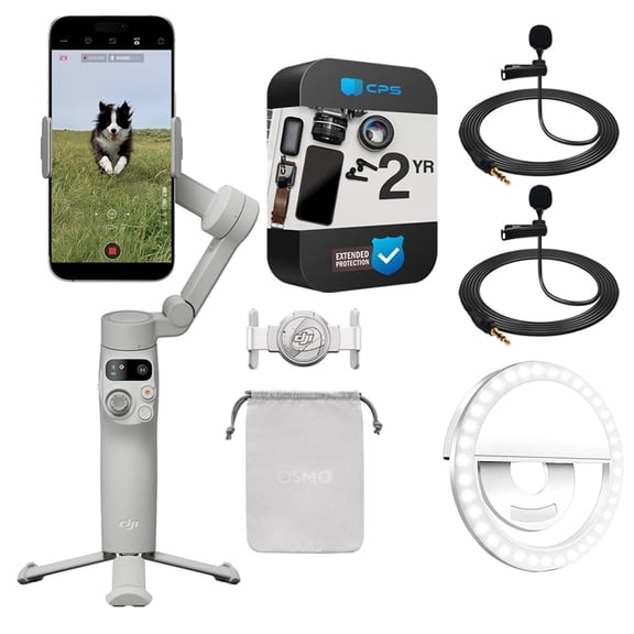 DJI Osmo Mobile 7 3-Axis Smartphone Gimbal Stabilizer Bundle with 2 x Deco Essentials Lapel Mics, LED Ring Light, 2-Year Protection Pack