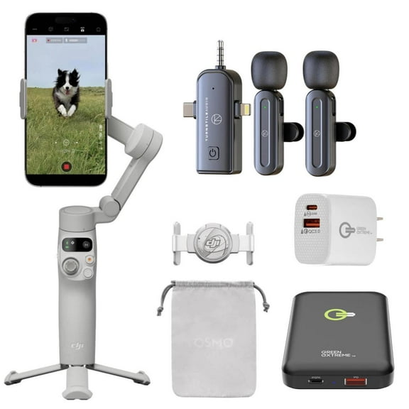 DJI Osmo Mobile 7 Gimbal Stabilizer for iPhone, Android, Built-in Tripod, 3-Axis Phone Gimbal, ActiveTrack 7.0, ShotGuides, 10hrs Use, Phone Charging+ Power Bank + Wireless Mic Set + 20W Wall Plug