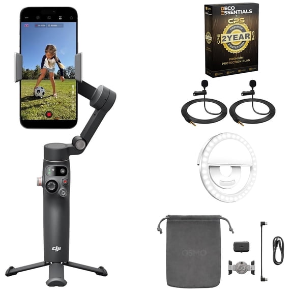 DJI Osmo Mobile 8 Gimbal Stabilizer Bundle with 2x Deco Essentials 3.5mm Clip-On Mini Lapel Microphone + LED Cordless Smartphone Ring Light + Premium CPS 2 Year Extended Protection Plan