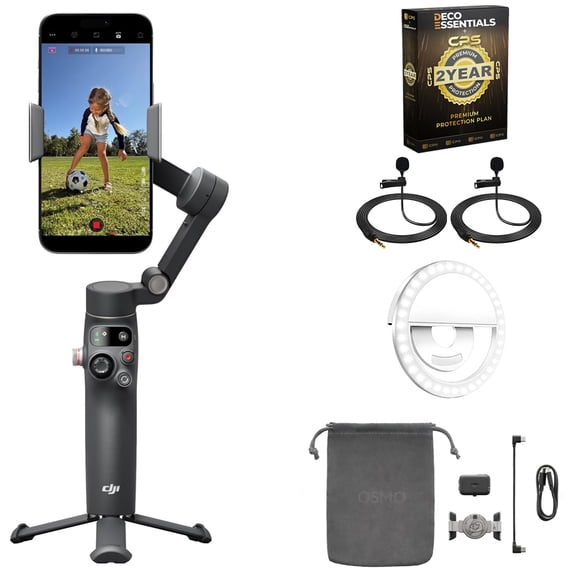 DJI Osmo Mobile 8 Gimbal Stabilizer Bundle with 2x Deco Essentials 3.5mm Clip-On Mini Lapel Microphone + LED Cordless Smartphone Ring Light + Premium CPS 2 Year Extended Protection Plan