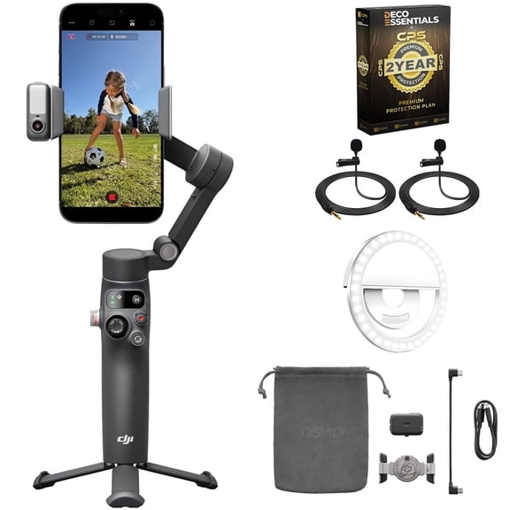 DJI Osmo Mobile 8 Smartphone Gimbal Stabilizer Bundle with 2x Deco Essentials 3.5mm Clip-On Mini Lapel Microphone + LED Cordless Smartphone Ring Light + Premium CPS 2 Year Extended Protection Plan