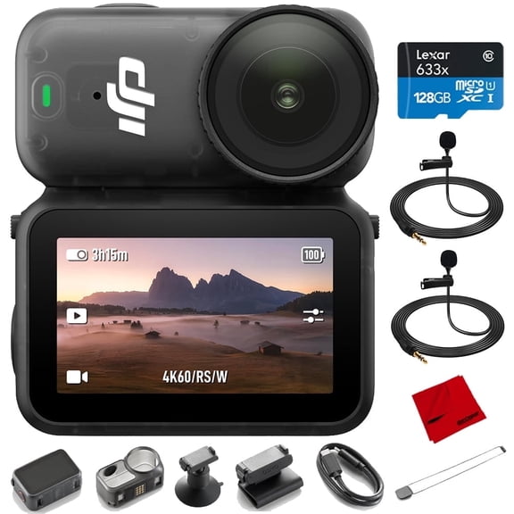 DJI Osmo Nano Vlogging Camera Standard Combo (64GB) CP.OS.00000461.01 Bundle with Lexar 633x SDXC 128GB Memory Card + 2x Deco Essentials 3.5mm Computer Clip-On Mini Lapel Microphone, Black