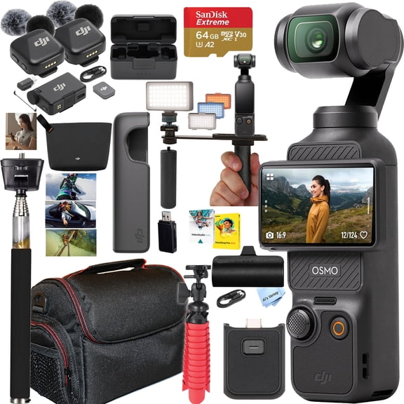 DJI Osmo Pocket 3 4K Camera with Mic Mini 2-Person Wireless Microphone System, 64GB Memory Card, Power Bank, Selfie Stick & Creator Bundle