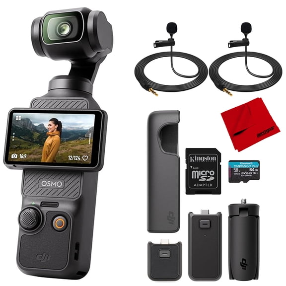 DJI Osmo Pocket 3 Capture More Combo, 4K/120fps Handheld 3-Axis Gimbal Stabilization Bundle with 2x Deco Essentials Clip-On Mini Lapel Mic + 6 x 6 Microfiber Cloth