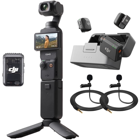 DJI Osmo Pocket 3 Creator Combo 4K 120fps Handheld 3-Axis Gimbal Bundle with DJI Mic Mini (2 TX + 1 RX + Charging Case) + 2x Deco Essentials 3.5mm Computer Clip-On Mini Lapel Microphone