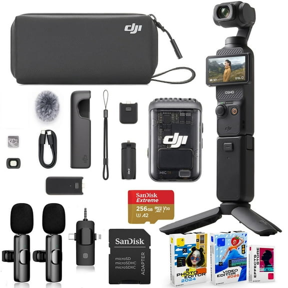 DJI Osmo Pocket 3 Creator Combo Bundle with Clip-On Transmitter/Recorder, Wide Angle Lens, Tripod, Carrying Bag + Wireless Microphone System, 256GB Micro SD Card, Photo/Video Editor Software Package