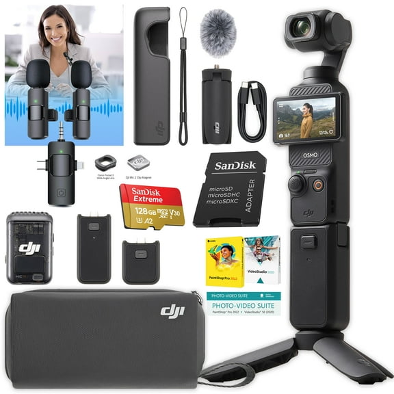 DJI Osmo Pocket 3 Creator Combo Bundle w/ Clip-On Transmitter/Recorder, Wide Angle Lens, Battery Handle, Mini Tripod, Carrying Bag, 256GB , 3-in-1 Microphone & Corel Software (International Version)