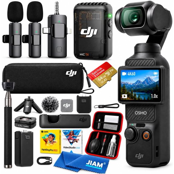 DJI Osmo Pocket 3 Creator Combo with Mic 2, 2-Person Wireless Microphone System 1'' CMOS & 4K/120fps Video, 2" Rotatable Touchscreen, 64GB SD Card, Selfie Stick, Creator Bundle