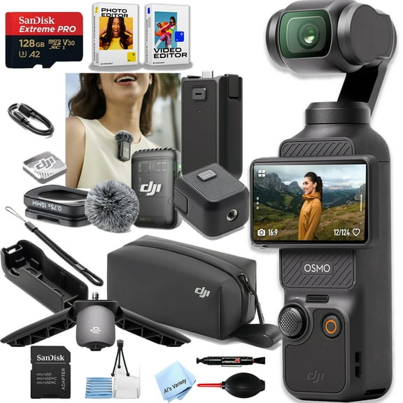 DJI Osmo Pocket 3 Creator Combo, Vlogging Cameras, 4K/120fps Vlog Camera, 3-Axis Stabilization, Face/Object Tracking, Mic Included + 128GB Memory, Software + More (22pc Bundle)