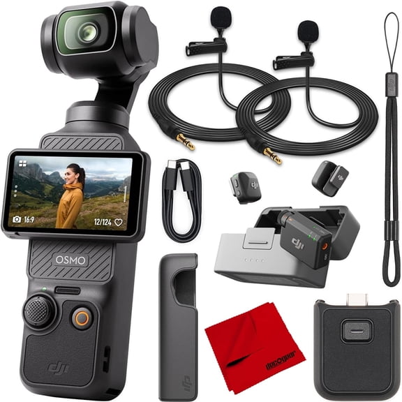 DJI Osmo Pocket 3 Vlogging Camera with 1'' CMOS & 4K/120fps Video, 3-Axis Stabilization, Face/Object Tracking, Rotatable Touchscreen Bundle with Deco Essentials 2 Lapel Microphones + DJI Mic Mini