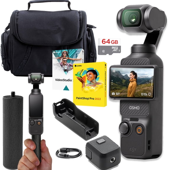 DJI Osmo Pocket 3 , Vlogging Camera, 4K/120fps, Face/Object Tracking + 64GB Memory + Stabilizing Grip + Software Pack + Camera Case +More (Value Bundle)