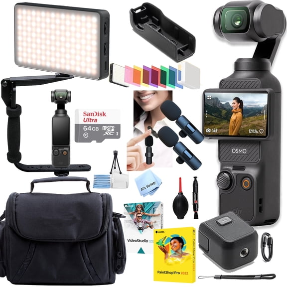 DJI Osmo Pocket 3 , Vlogging Camera, 4K/120fps, Face/Object Tracking, Combo Kit + 64GB Memory, 2pc Mic, LED Video Light, Bracket, Case, Software + More (Podcast Vlogging Bundle)