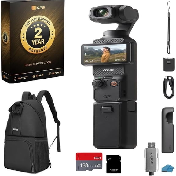 DJI Osmo Pocket 3 Vlogging Camera Bundle, 1'' CMOS 4K/120fps 3-Axis Stabilizer Vlog Camera for YouTube | Includes 128GB MicroSD Card, Backpack & 2-Year Extended Warranty