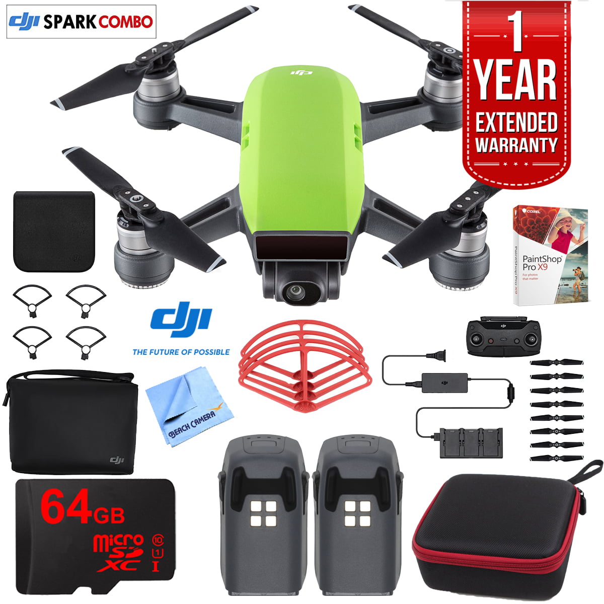 DJI SPARK Fly More Drone Combo (Meadow Green) With Custom Hard Case, 64GB  High Speed Card, Corel Paint Version 9, High Visibility Pro Guards,  Cleaning