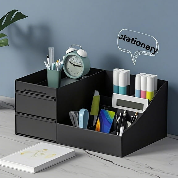 DJJGXAN Desk Organizer with 7 Compartments and 2 Drawers, Plastic Makeup Organizer, Pen Holder for Desktop Storage, Desk Organization for Home, Office Supplies (White)