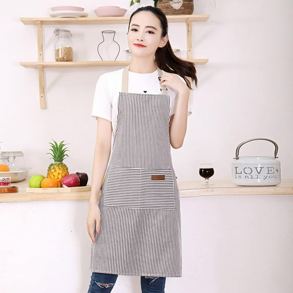 DJJGXAN Pinstripe Kitchen Cooking Aprons Adjustable Neck Cross Back Aprons for Women with 2 Pockets Cotton Linen Cooking, Kitchen, Baking, Barista, Chef, Barber, Painter and Gardener