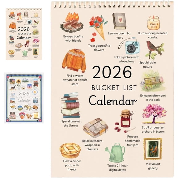 DJKDJL 2026 Bucket List Calendar – Inspirational 12-Month Wall Hanging with Illustrated Pages, Monthly Bucket Activities & Goal-Setting Prompts, Unique Gift for Home & Office (A-1PC)