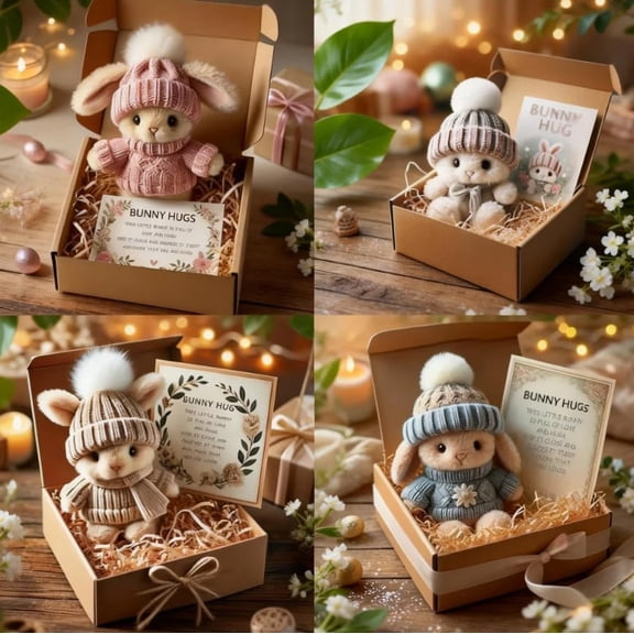 DJKDJL 3 Inches Easter Bunny Hugs in Box, Mini Cute Bunnies, Handmade Plush Pocket Hug Rabbit Doll, Emotional Support Positive Crochet Bunny, Suitable for Valentine's Day, Easter, Birthdays (4PCS)