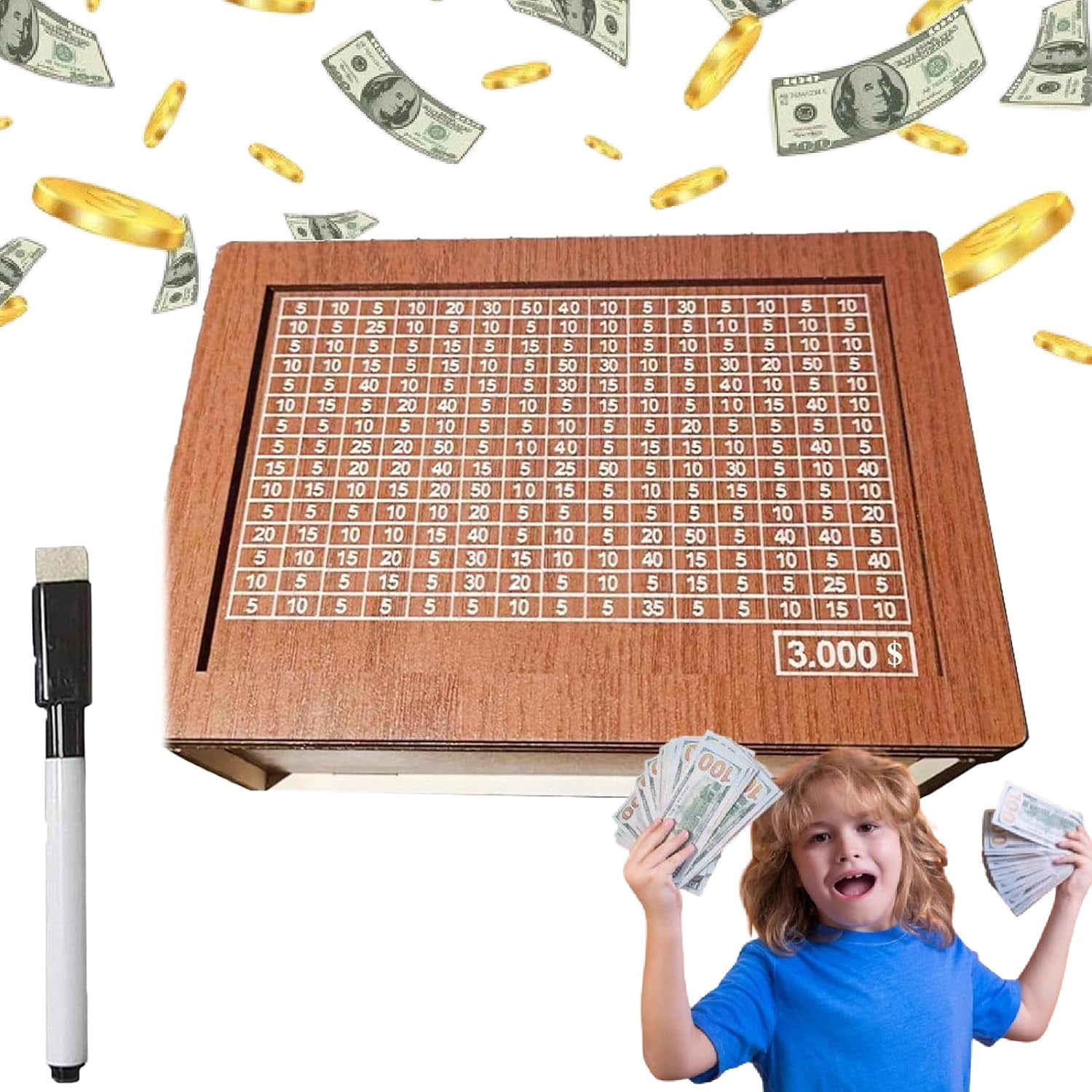 Salvadanaio In Legno Con Contatore - Money Box Riutilizzabile Con Numeri Da Spuntare, Risparmio Motivante - Foto 7