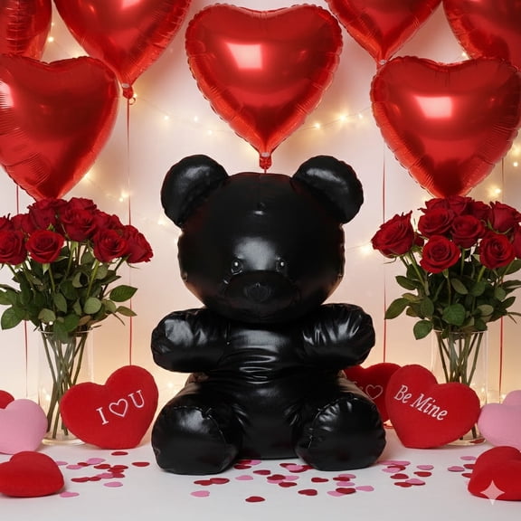 DJKDJL Large Faux Leather Gummy Bear Plush, Black, 16" Black Bear Stuffed Animals, Classic Valentine's Day Gift Birthday Gift, Collectible Gift for  Fans