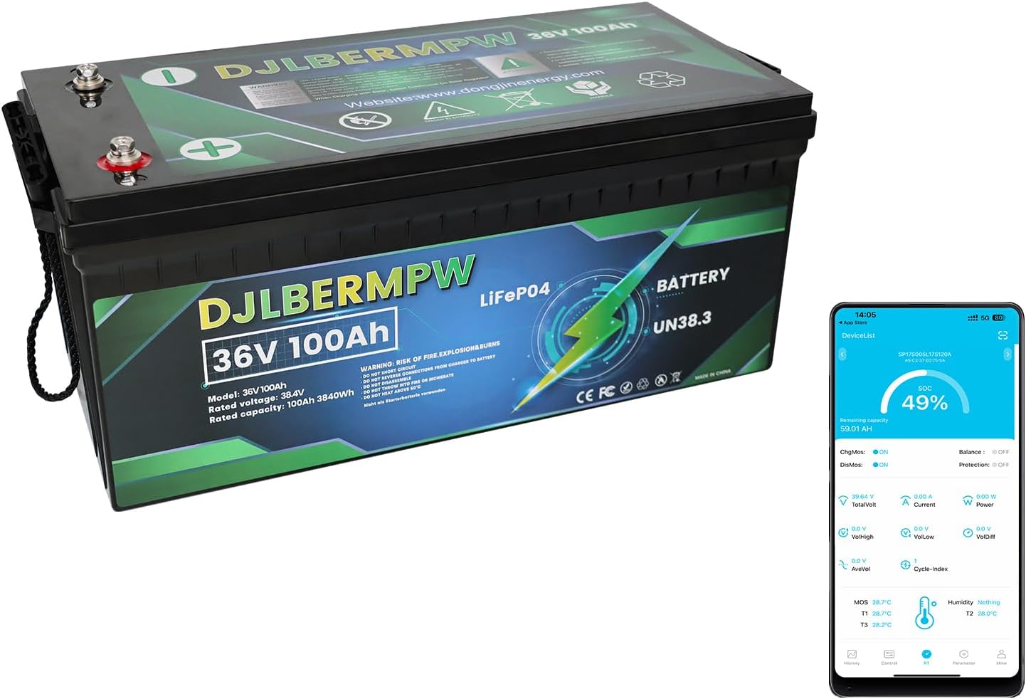 DJLBERMPW 36V 100Ah LiFePO4 Battery, 4000-15000 Deep Cycle Golf Cart Battery for RV, Solar, Marine, Trolling Motor, Built in 100A BMS 3840W,10 Years of Life