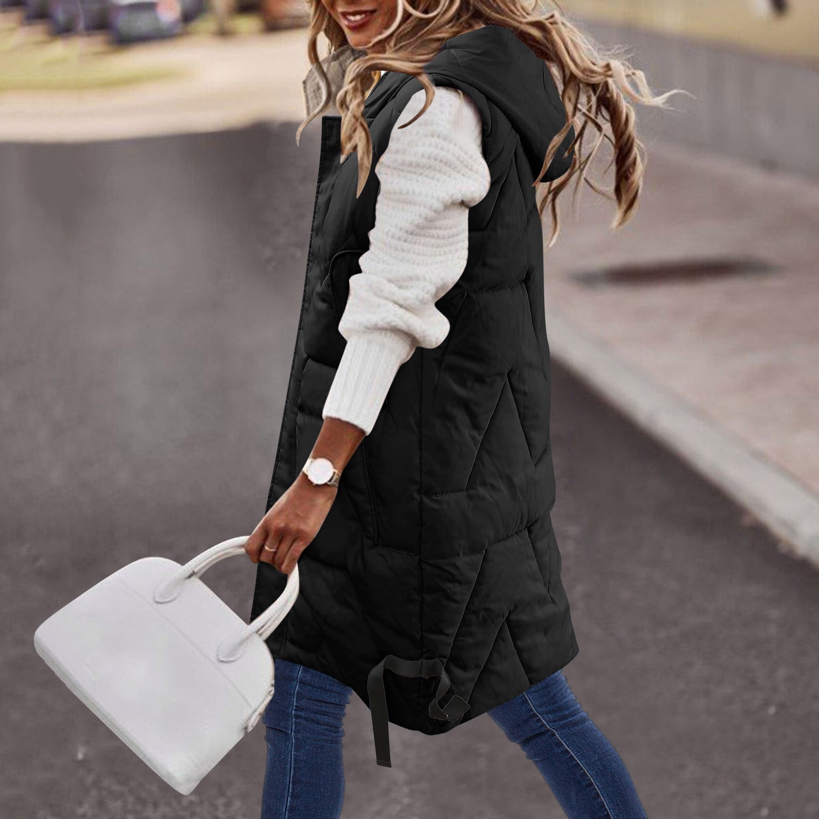 DJLBOOM Clearance Women's Parkas Womens Long Quilted Vest Hooded Maxi