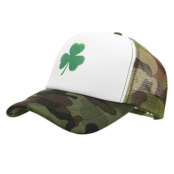 DJN St. Patrick's Day Baseball Cap with Green Shamrock Print Polyester-Cotton Soft Breathable Mesh Unisex Hat White A