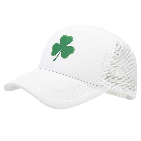 DJN St. Patrick's Day Baseball Cap with Green Shamrock Print Polyester-Cotton Soft Breathable Mesh Unisex Hat White A