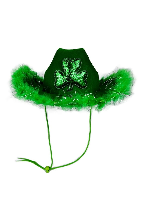 St. Patrick's Day Shamrock Sequins Cowboy Hat Party Cap with Plush Trim Festive Western Style Hat Brick Red One Size