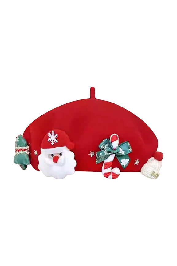 Under $8 Christmas Gifts Classic Red Wool Christmas Beret for Women, Festive Fair Patterned Winter Hat with Soft