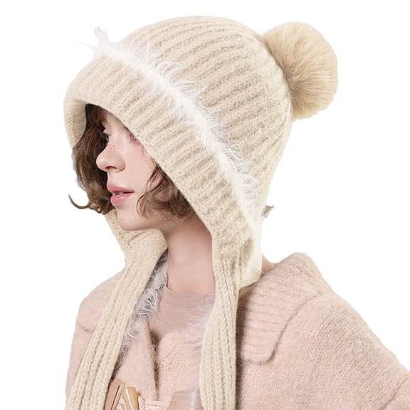 DJN Women Knit Hat Scarf Combo for Women Winter New Style Pullover Outdoor Warm Ear Protection Set Beige One Size