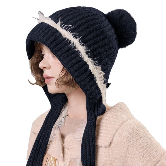 DJN Women Knit Hat Scarf Combo for Women Winter New Style Pullover Outdoor Warm Ear Protection Set Navy One Size