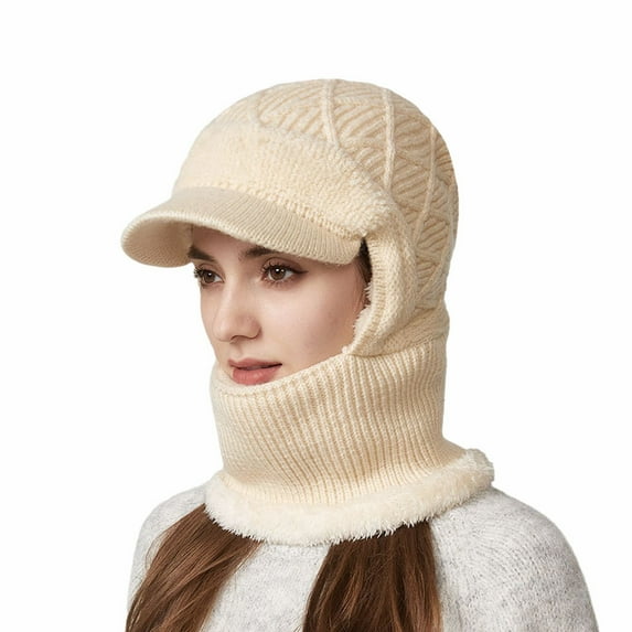 DJN Women's 3-in-1 Knit Hat Scarf Set Color Block Winter Neck Warmer Outdoor Windproof Cold Weather Hat Beige One Size