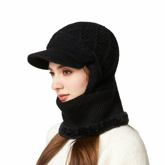 DJN Women's 3-in-1 Knit Hat Scarf Set Color Block Winter Neck Warmer Outdoor Windproof Cold Weather Hat Black One Size