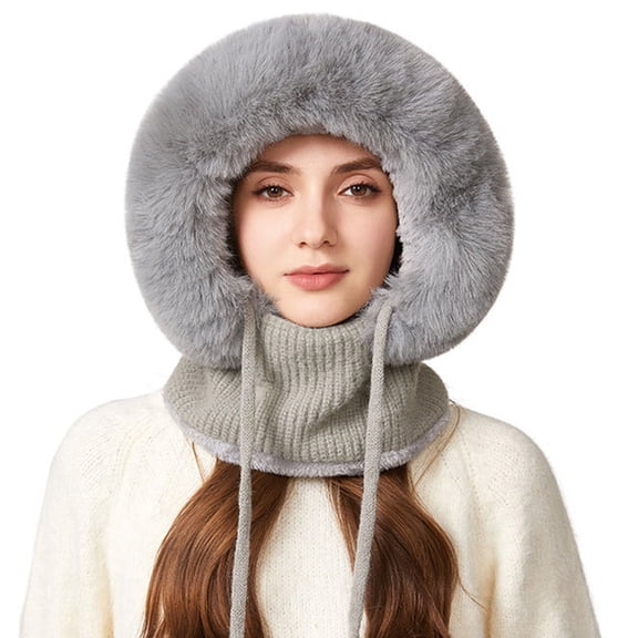 DJN Women's 3-in-1 Knit Hat Scarf Set Color Block Winter Neck Warmer Outdoor Windproof Cold Weather Hat Grey One Size