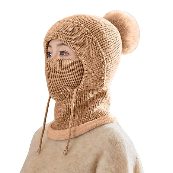 DJN Women's 3-in-1 Knit Hat Scarf Set Color Block Winter Neck Warmer Outdoor Windproof Cold Weather Hat Khaki One Size