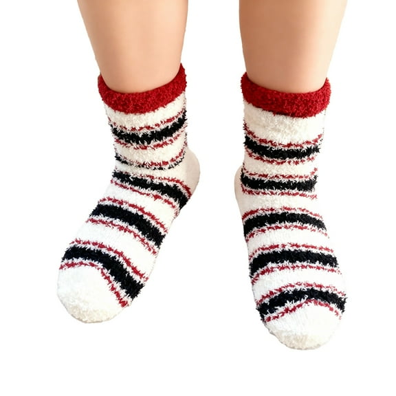 DJN Women's Coral Fleece Sleep Socks Striped Mid Crew Slipper Socks Red One Size