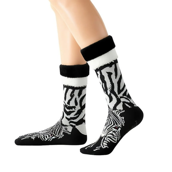 DJN Women's Coral Velvet Socks Thick Cozy Home Socks with Cute Prints Non-Slip Winter Warm Mid-Crew Socks Black One Size