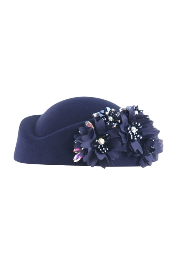 Women's Fashion Beret Hat Lace Embroidered Decorative Cap Elegant Knit Vintage Style Navy One Size