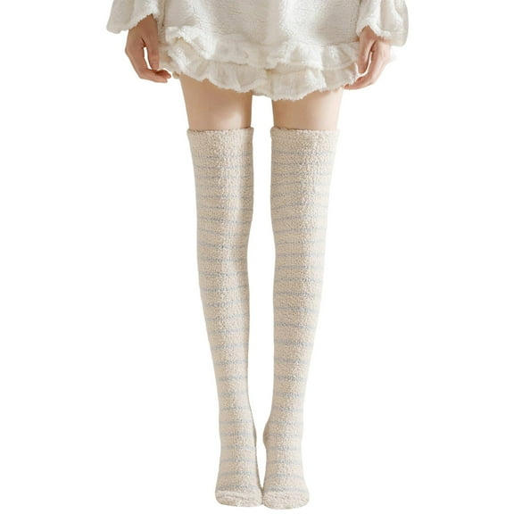 DJN Women's Over The Knee Coral Velvet Socks Thick Striped Winter Long Socks for Sleeping and Home Floor Socks Khaki One Size