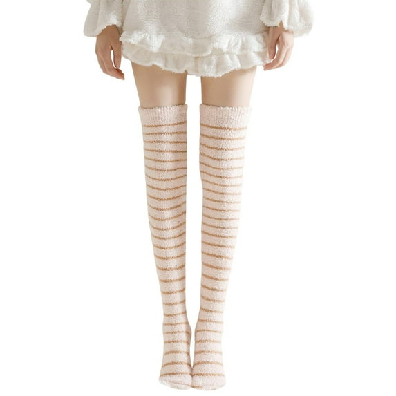 DJN Women's Over The Knee Coral Velvet Socks Thick Striped Winter Long Socks for Sleeping and Home Floor Socks Pink One Size